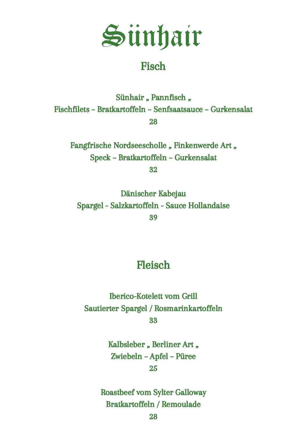 Karte Sünhair - Fisch & Fleisch