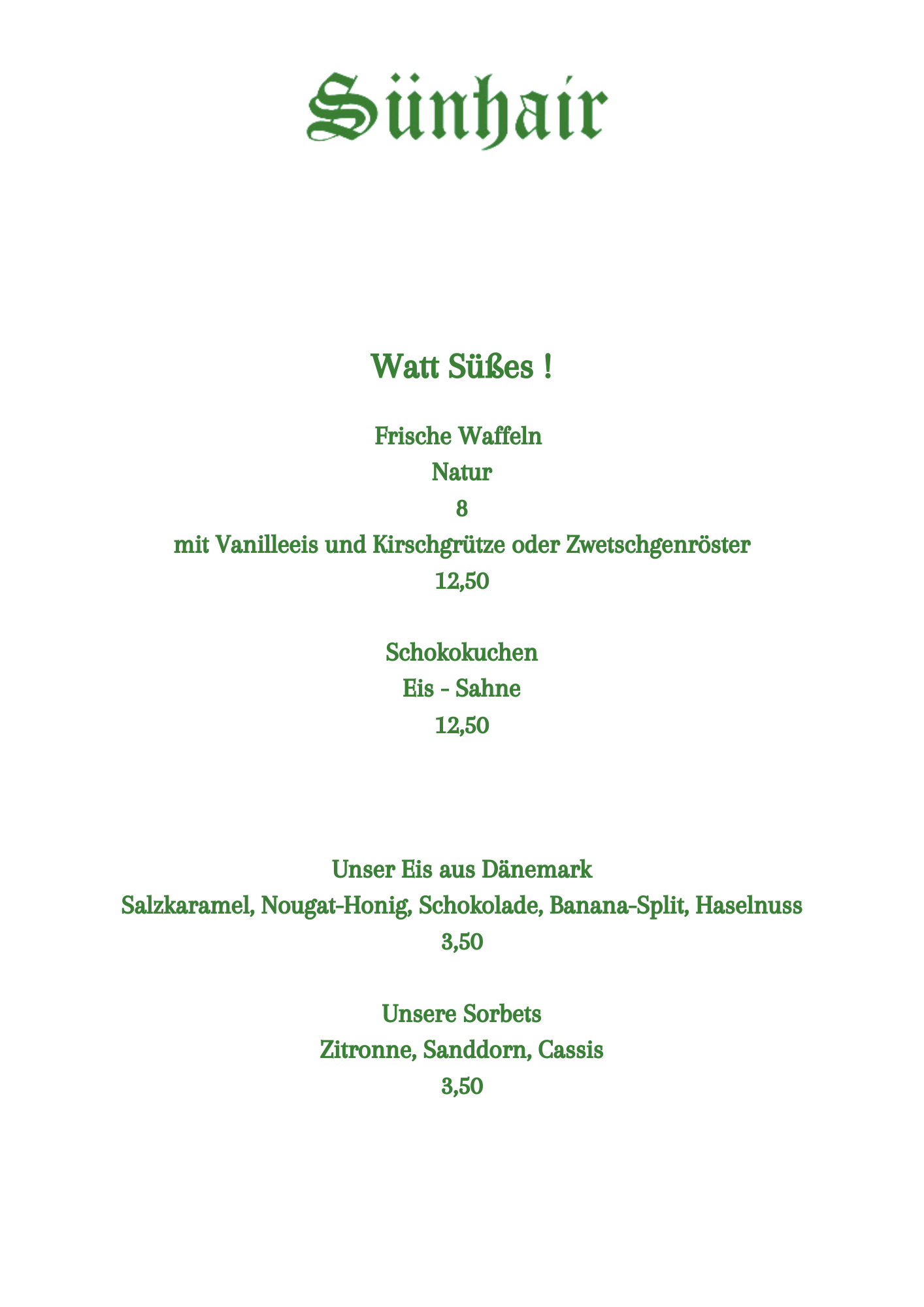 Sünhair Karte Desserts Frühjahr 2026