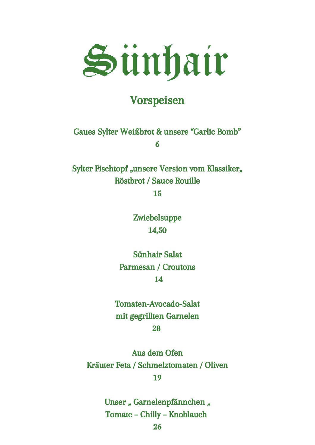 Sünhair Vorspeisen Frühjahr 2026