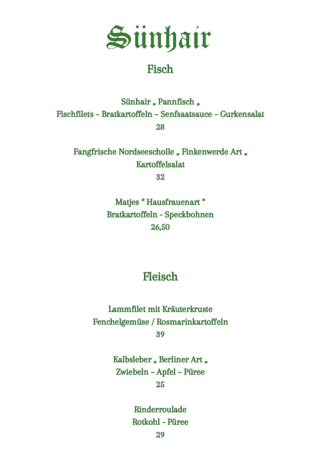 Sünhair Karte Hauptspeisen Frühjahr 2026