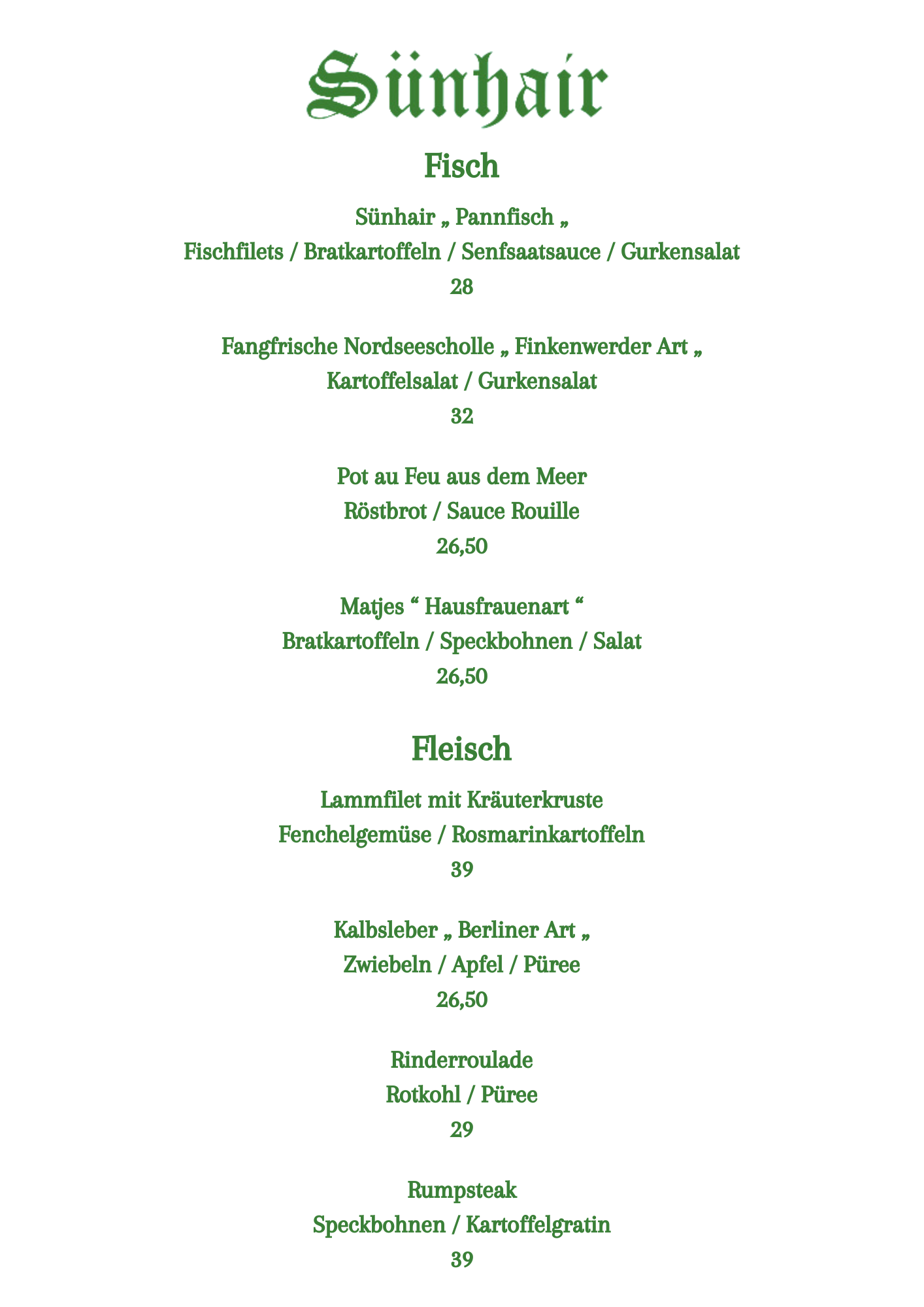 Sünhair Karte Hauptspeisen Frühjahr 2026