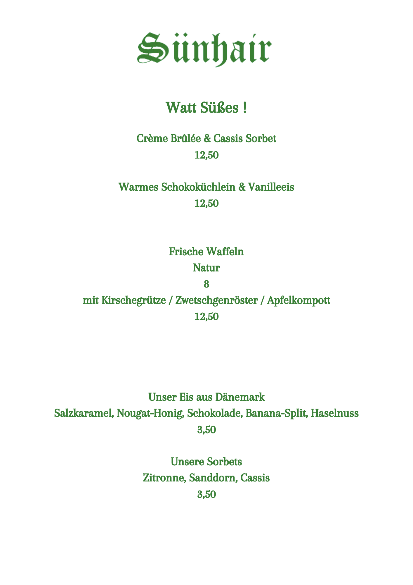 Sünhair Karte Desserts Frühjahr 2026